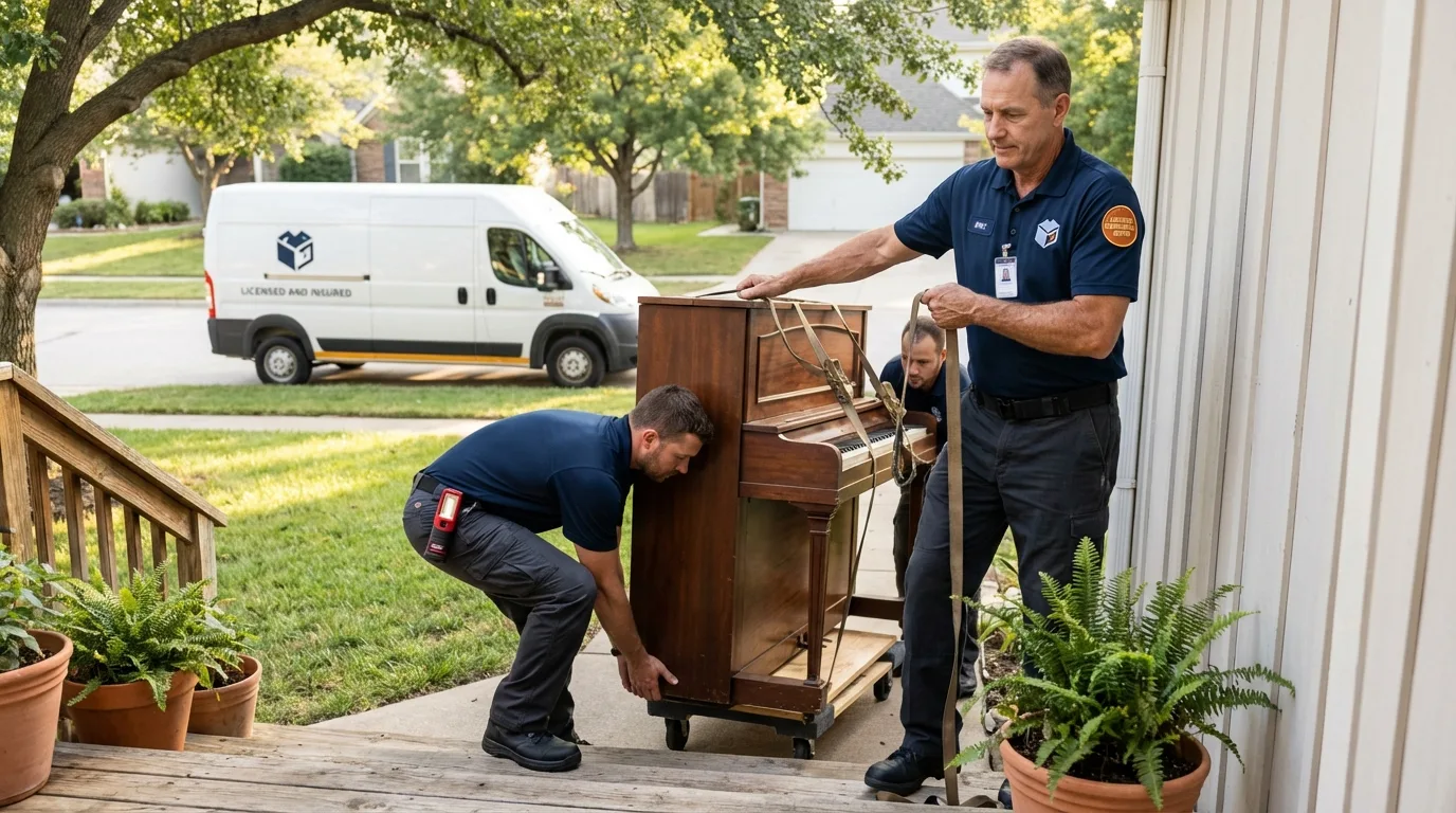Licensed piano movers securing grand piano in Union City, TN