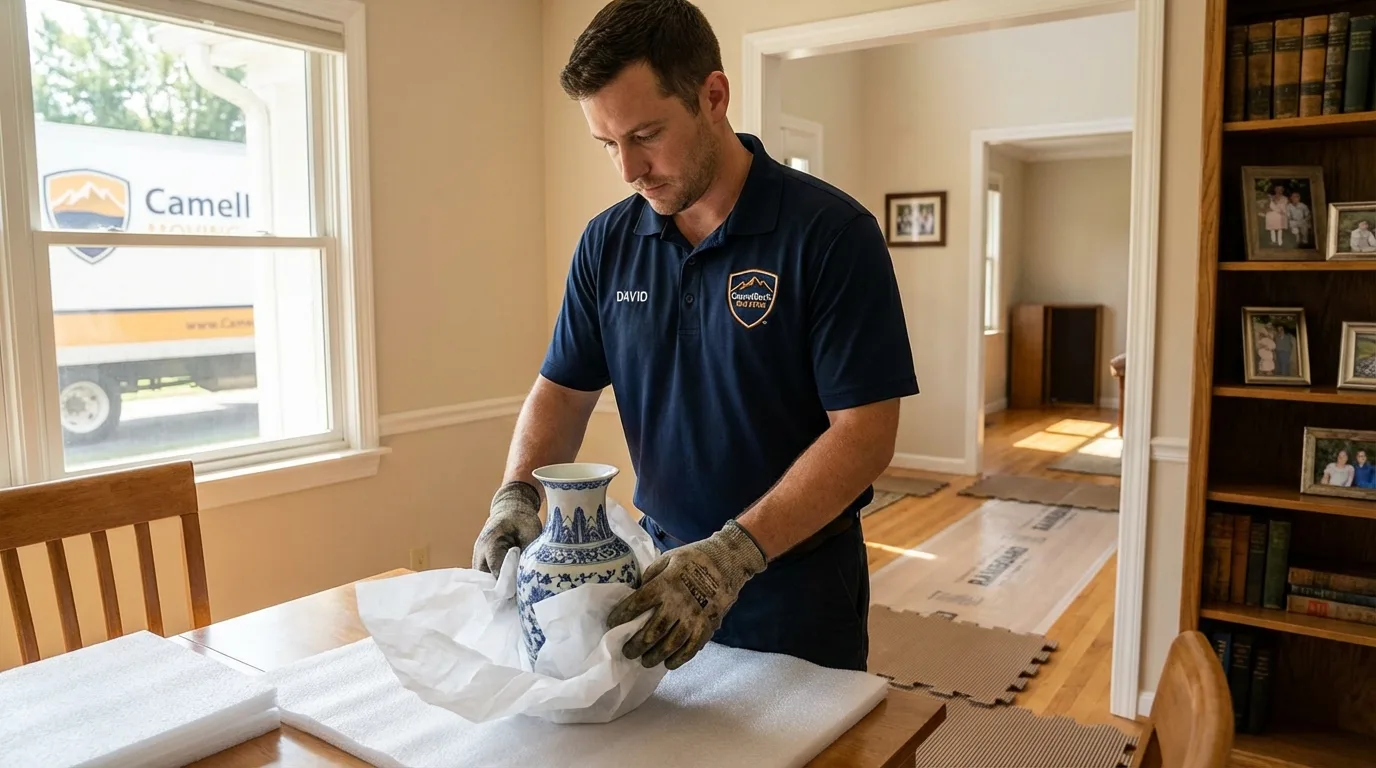 Professional crew carefully wrapping antique vase for senior downsizing move in Union City, TN